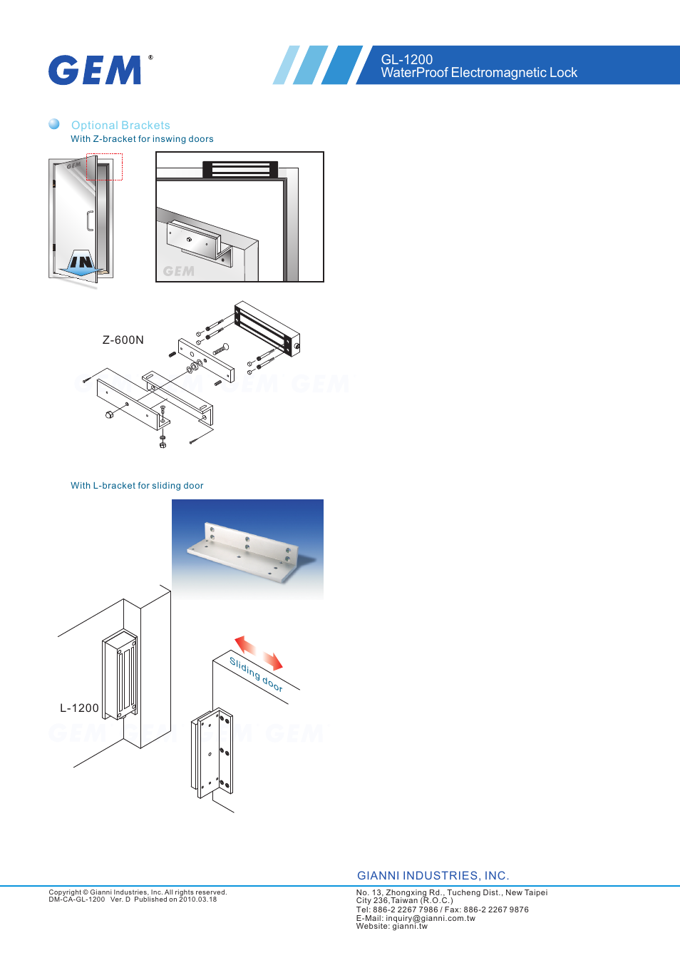 頁面 2, Gl-1200 waterproof electromagnetic lock | Gianni Industries GL-1200 User Manual | Page 2 / 2