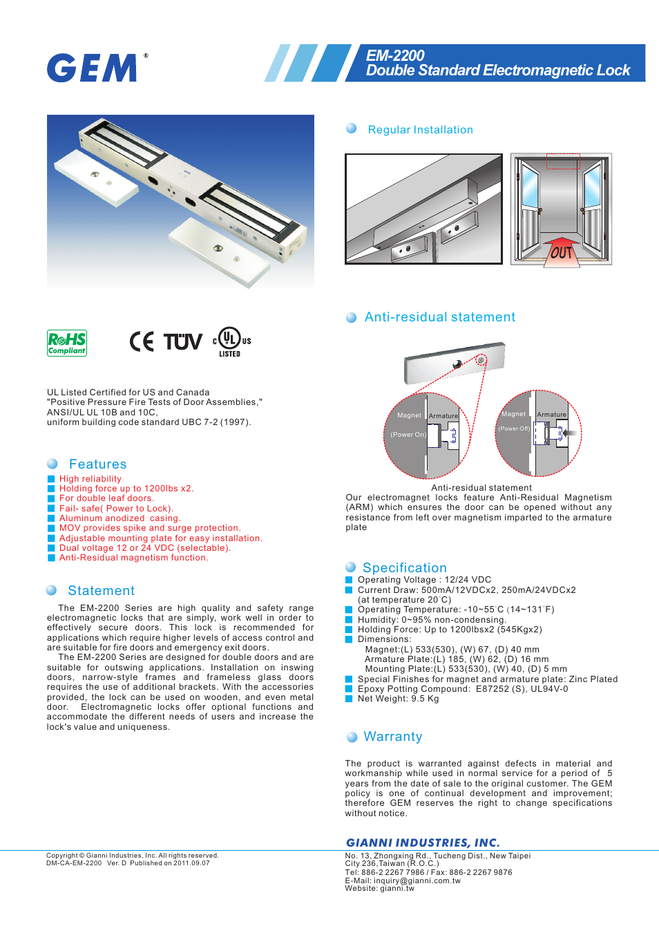Gianni Industries EM-2200 User Manual | 2 pages