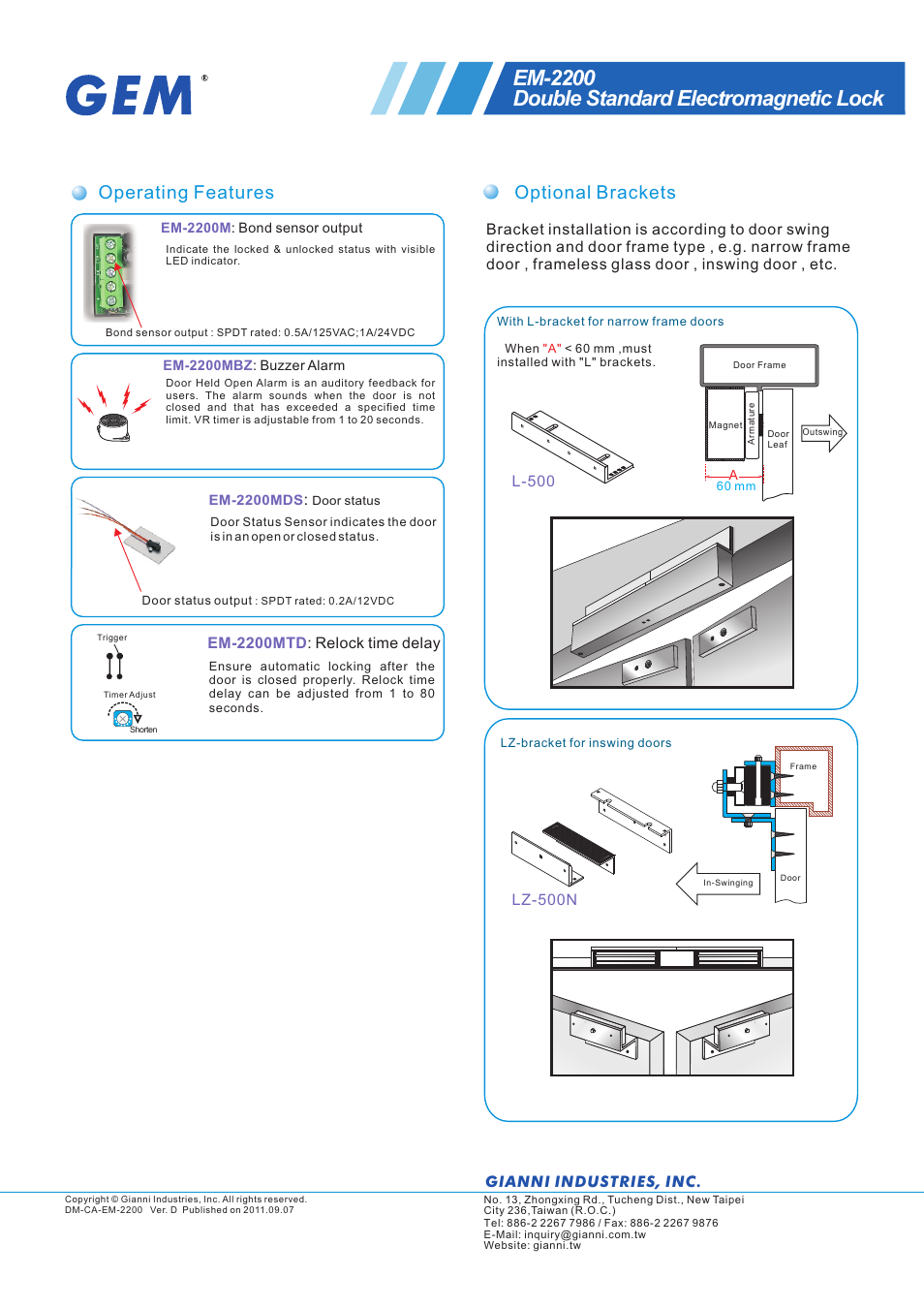 頁面 2, Em-2200 double standard electromagnetic lock, Operating features | Optional brackets, Gianni industries, inc, Em-2200mtd : relock time delay, L-500 | Gianni Industries EM-2200 User Manual | Page 2 / 2