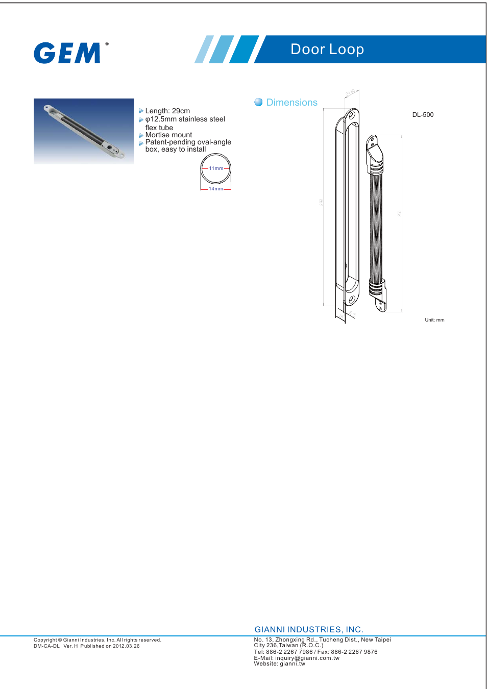 Door loop, Dimensions, Gianni industries, inc | Gianni Industries DL-350 User Manual | Page 2 / 2