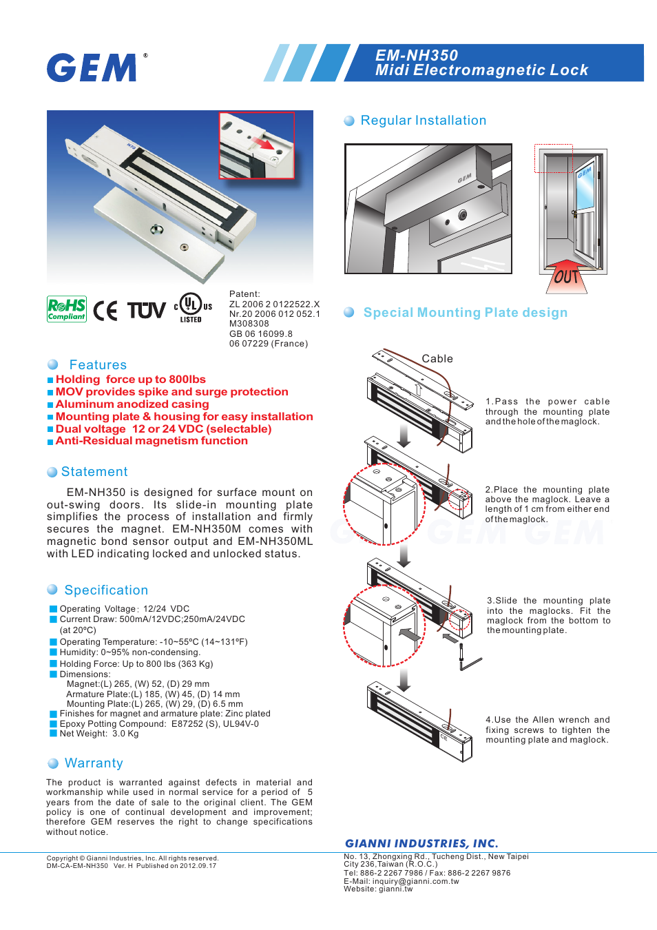 Gianni Industries EM-NH350 User Manual | 2 pages