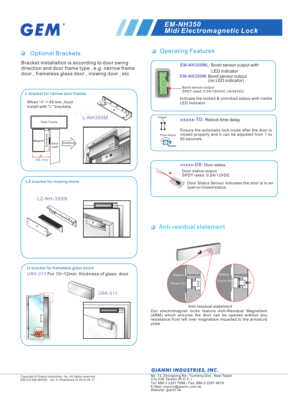 頁面 2, Em-nh350 midi electromagnetic lock, Optional brackets | Operating features, Anti-residual statement, L-nh350m, Lz-nh-350n, Gianni industries, inc | Gianni Industries EM-NH350 User Manual | Page 2 / 2