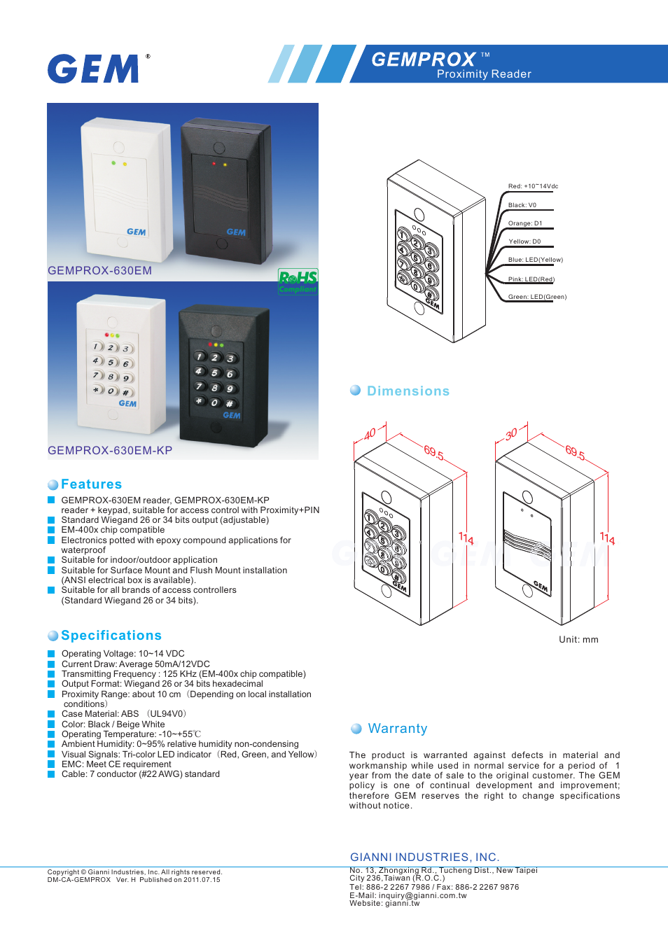 頁面 2, Dimensions features specifications, Warranty | Gianni Industries Gemprox-E User Manual | Page 2 / 2