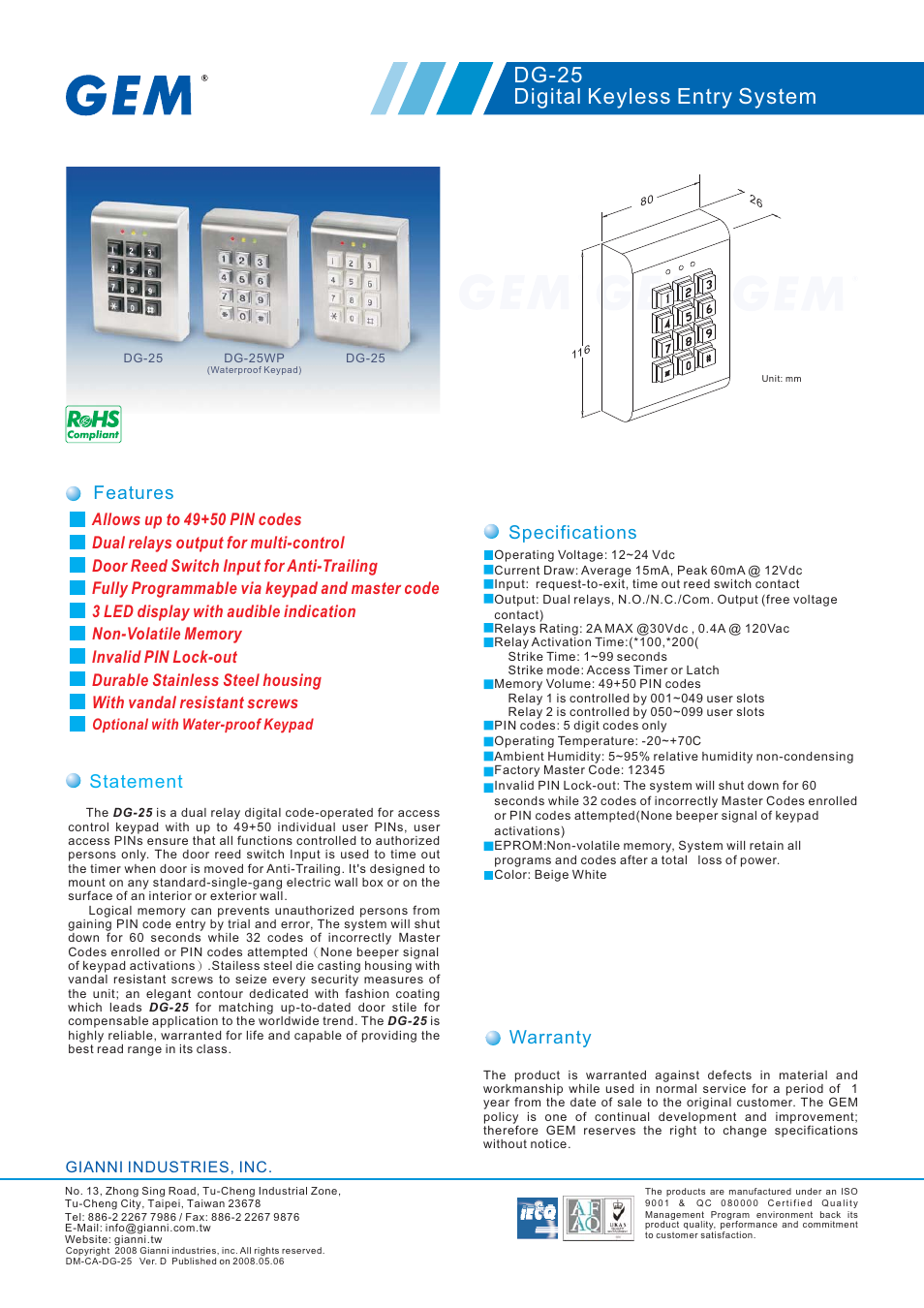 Gianni Industries GEM DG-25DG-25 User Manual | 1 page