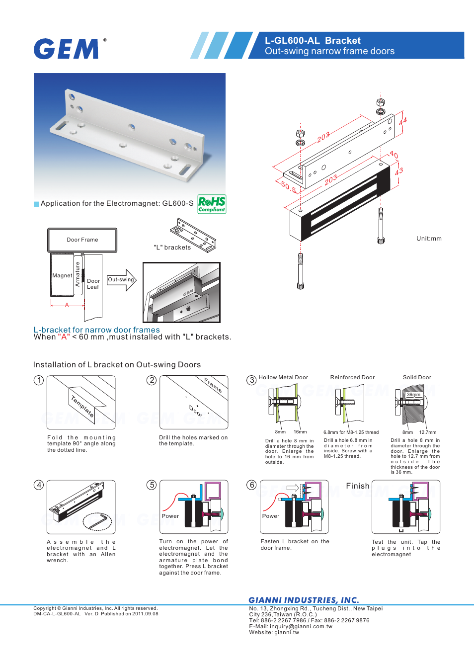 Gianni Industries L-GL600-AL User Manual | 1 page