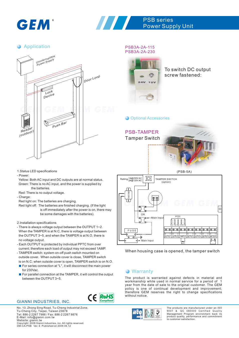 Psb series power supply unit, Warranty, Application | Psb-tamper tamper switch, Gianni industries, inc | Gianni Industries GEM PSB series User Manual | Page 2 / 2