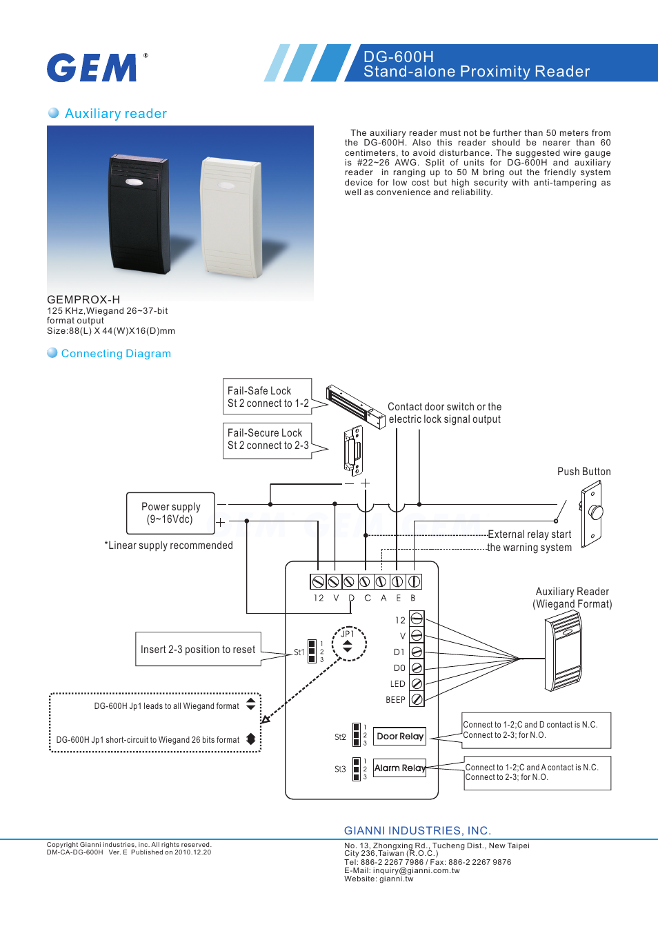 頁面 2, Dg-600h stand-alone proximity reader, Auxiliary reader | Gianni Industries DG-600H User Manual | Page 2 / 2
