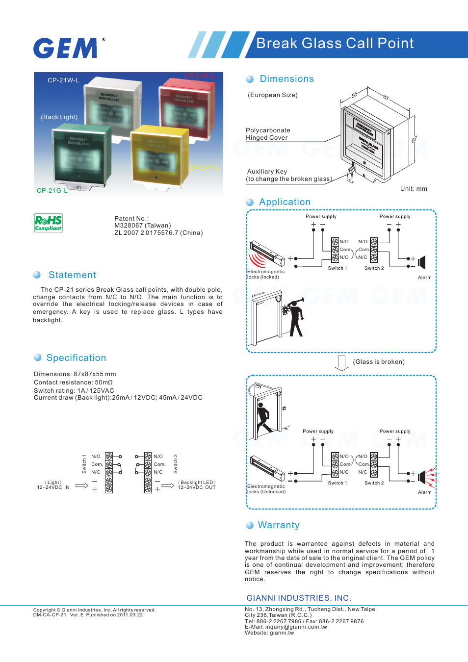 Gianni Industries CP-21W User Manual | 1 page