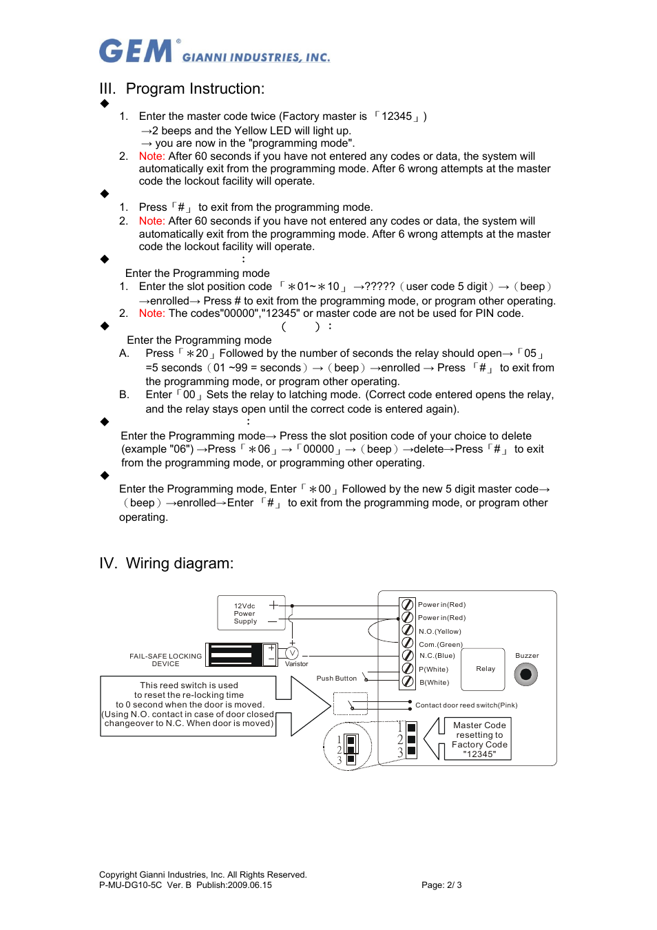 Iii. program instruction, Iv. wiring diagram | Gianni Industries DG-11 (Mount) User Manual | Page 2 / 3