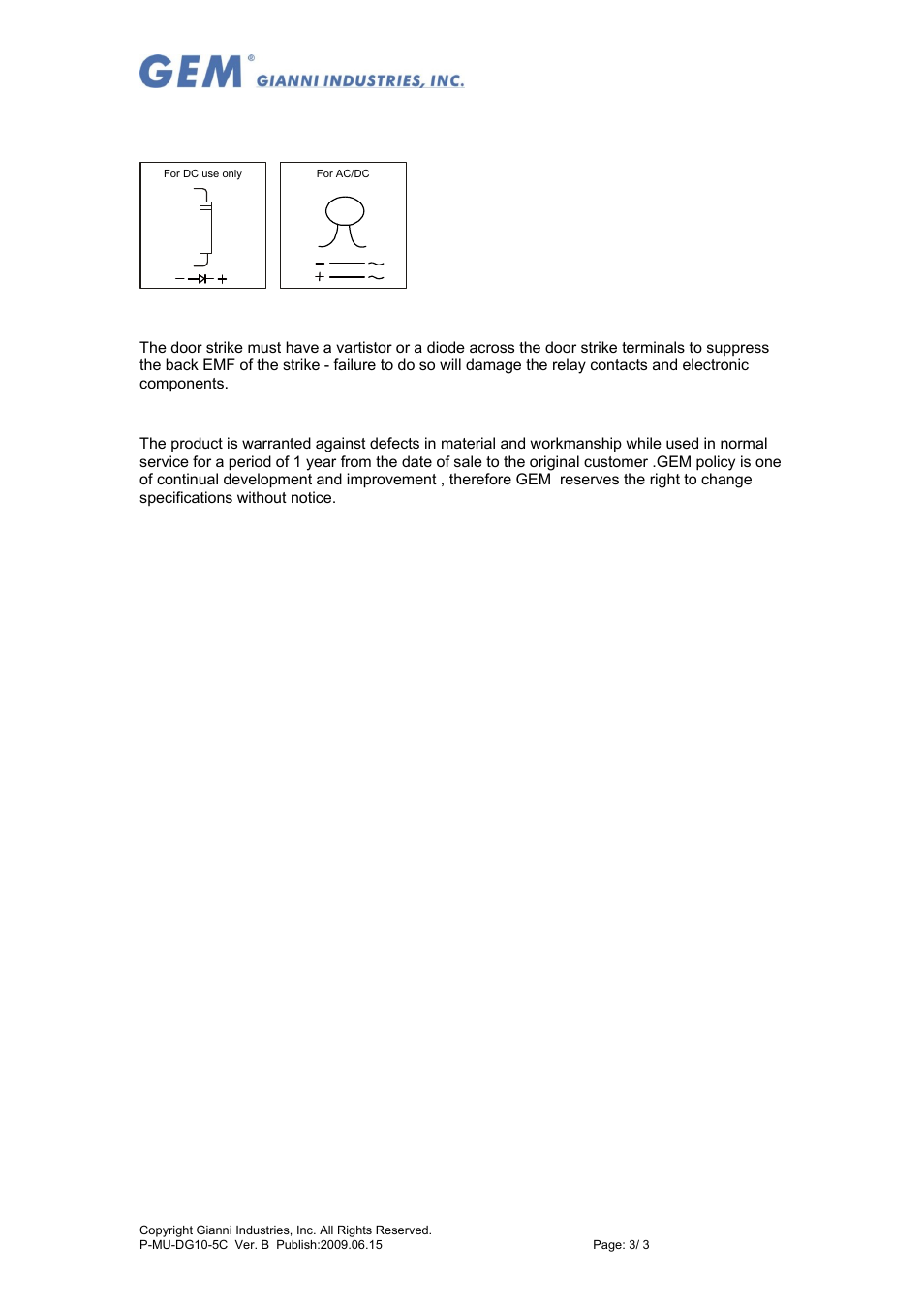Warranty | Gianni Industries DG-11 (Mount) User Manual | Page 3 / 3