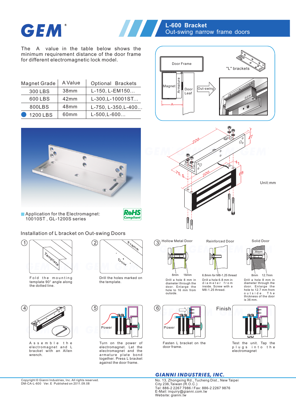 Gianni Industries L-600 Bracket User Manual | 1 page