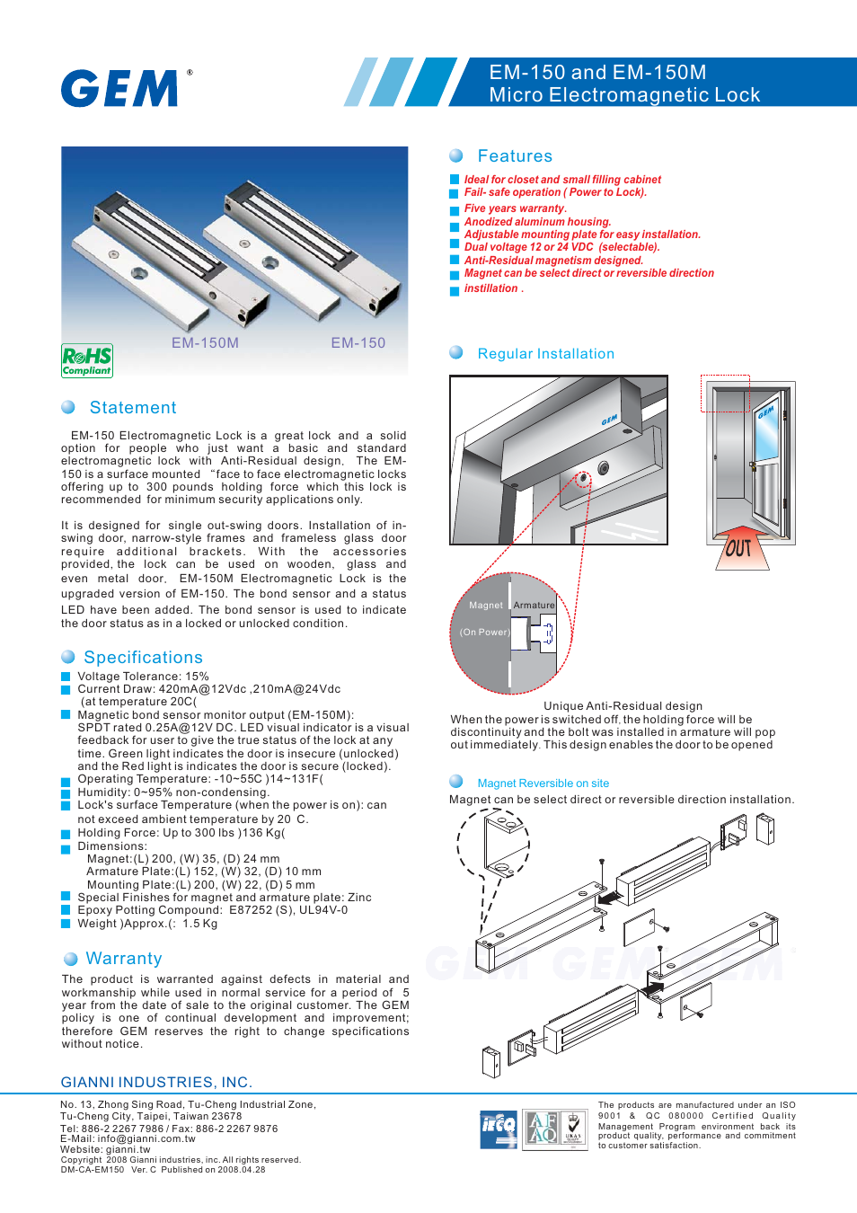 Gianni Industries EM-150M User Manual | 1 page