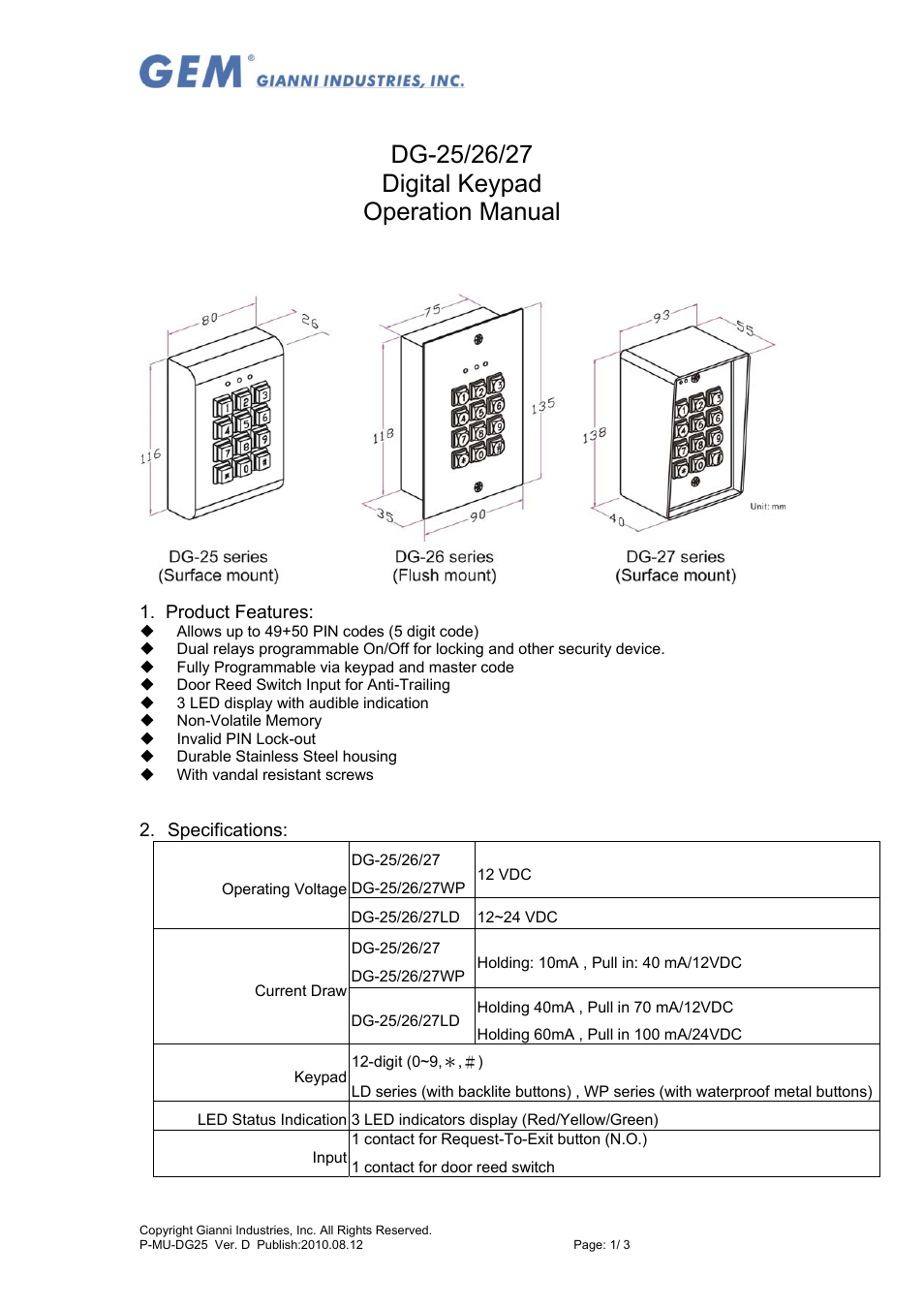 Gianni Industries GEM DG-25 User Manual | 3 pages