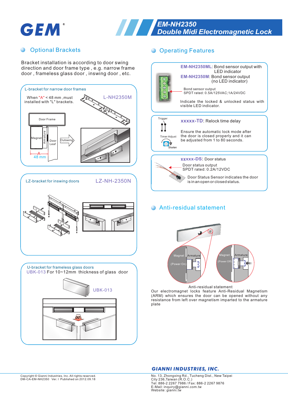 頁面 2, Em-nh2350 double midi electromagnetic lock, Optional brackets | Operating features anti-residual statement, Lz-nh-2350n, L-nh2350m, Gianni industries, inc | Gianni Industries EM-NH2350 User Manual | Page 2 / 2