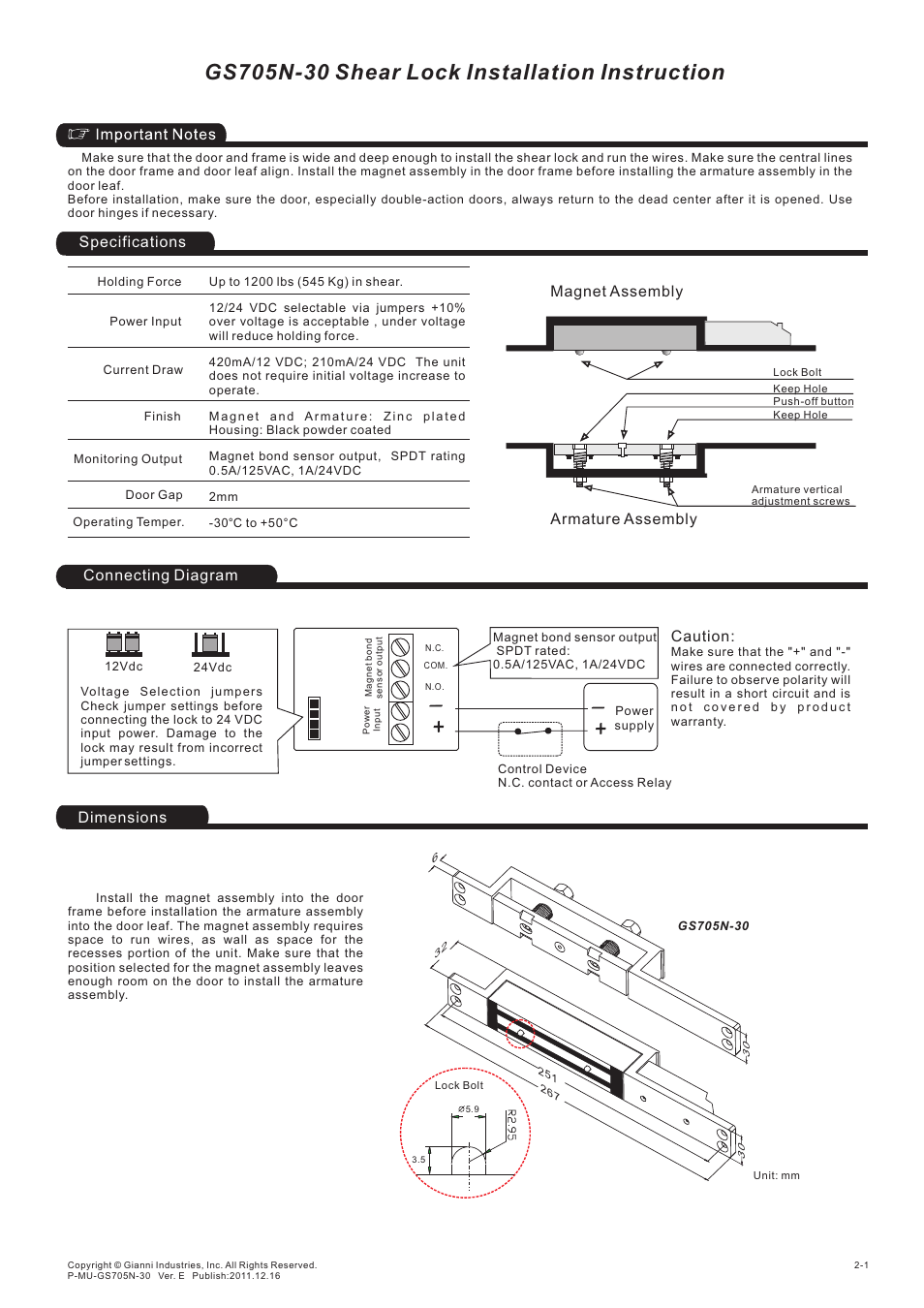 Gianni Industries Shear Lock P-MU-GS705N-30 User Manual | 2 pages