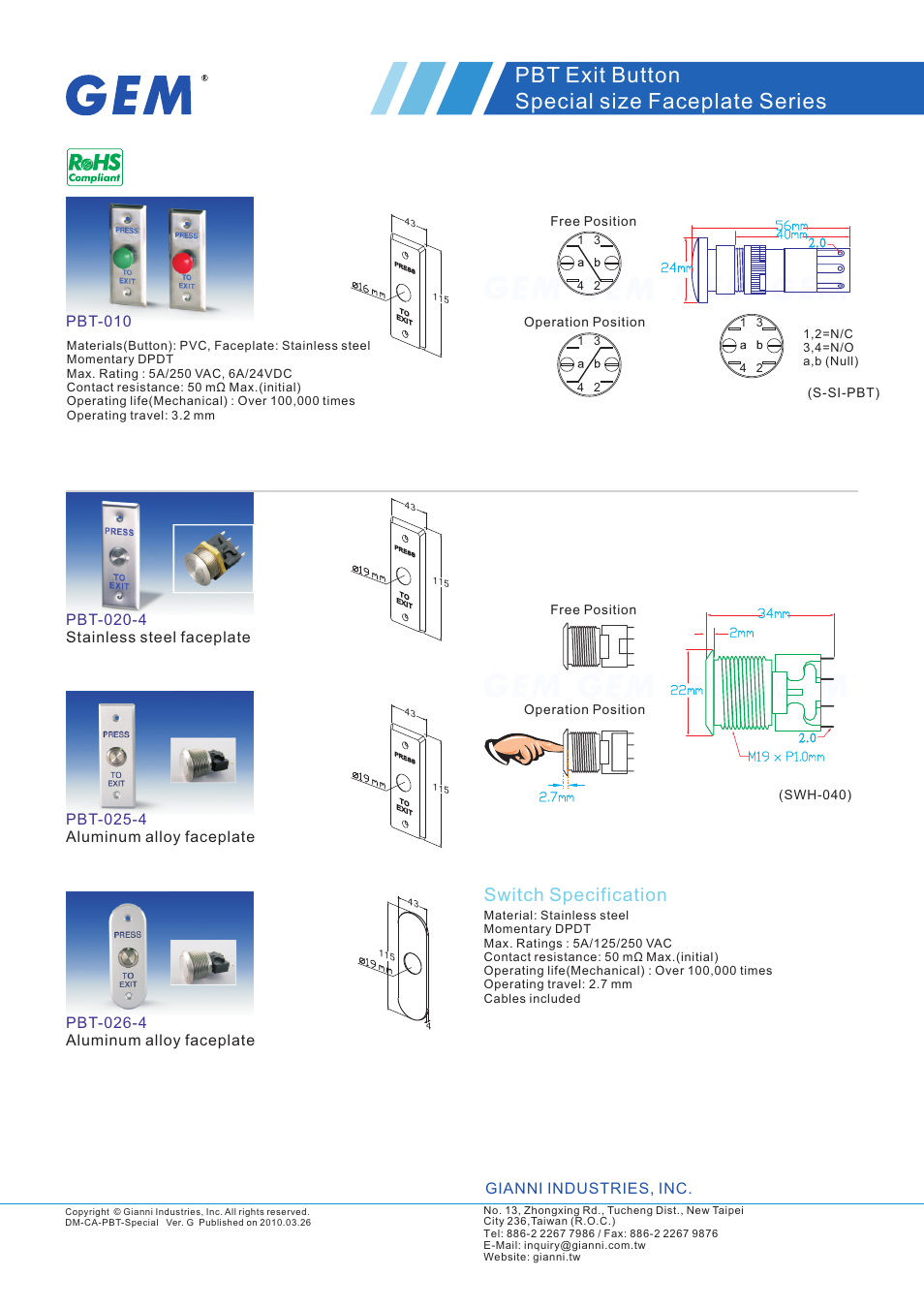 Gianni Industries PBT-025-4 User Manual | 2 pages