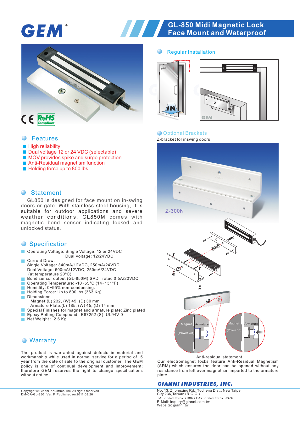 Gianni Industries Z-400N User Manual | 1 page