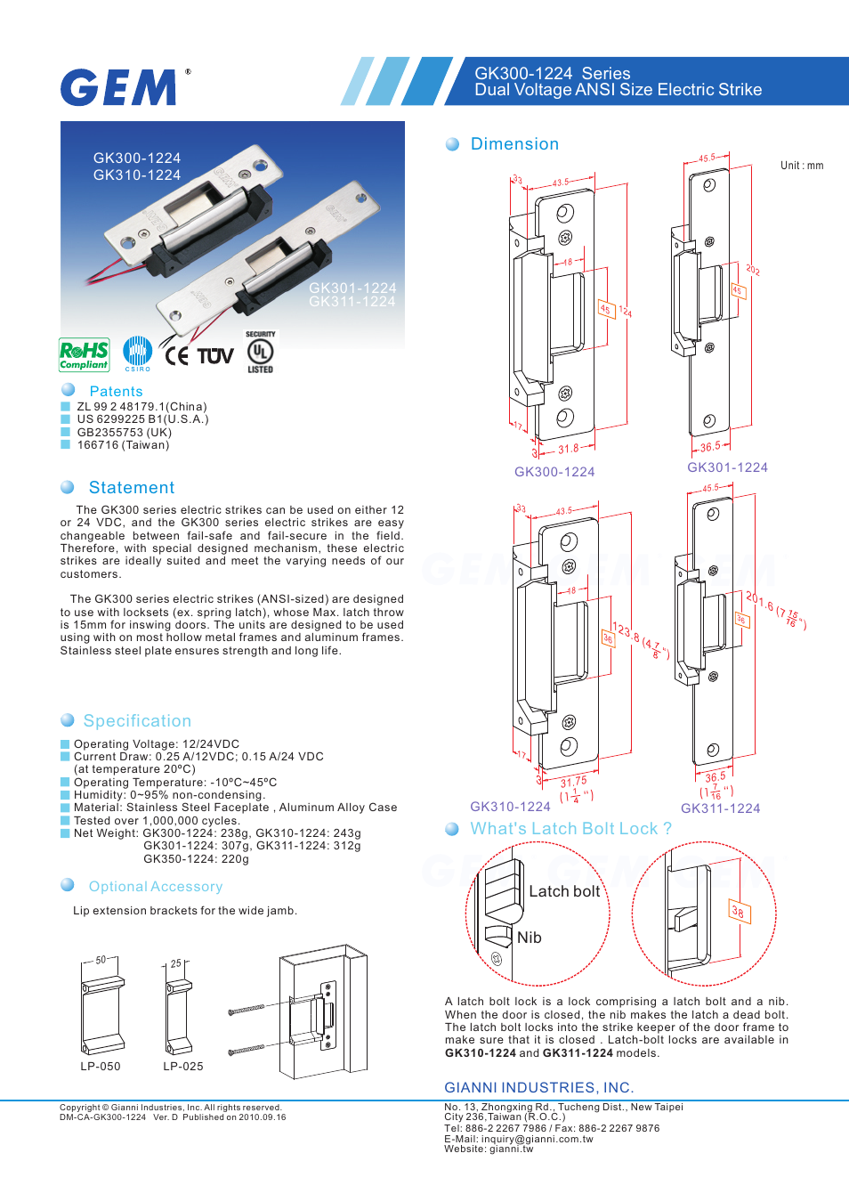 Gianni Industries GK310-1224 User Manual | 2 pages