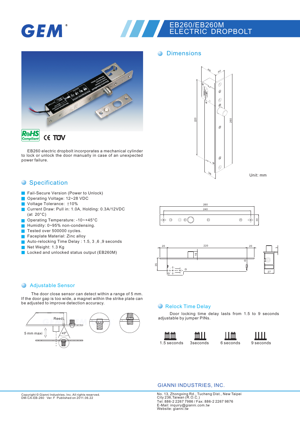 Gianni Industries EB-260 User Manual | 2 pages