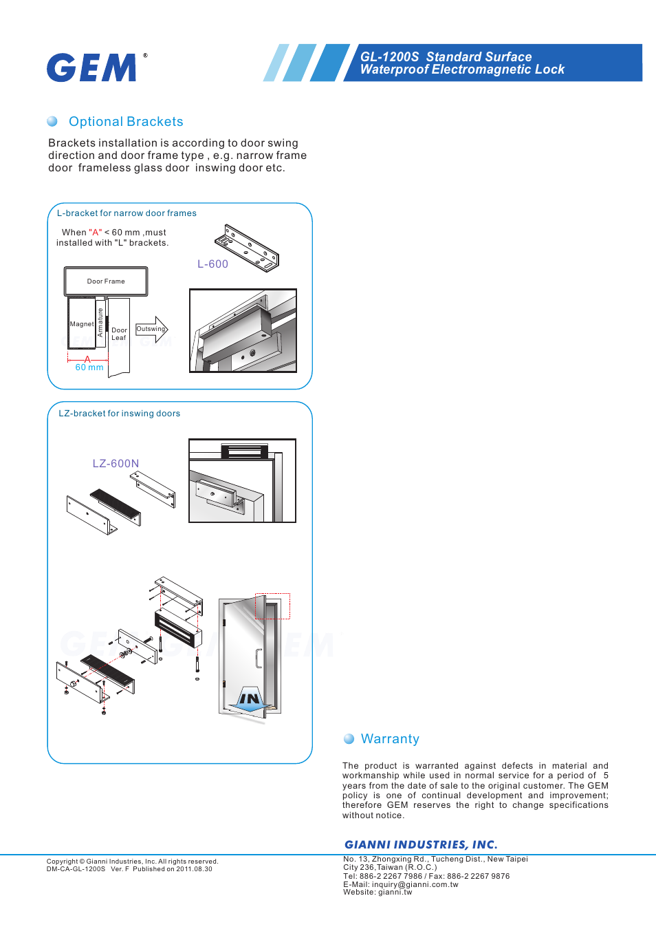 頁面 2, Optional brackets, Warranty | L-600 | Gianni Industries GL-1200S User Manual | Page 2 / 2