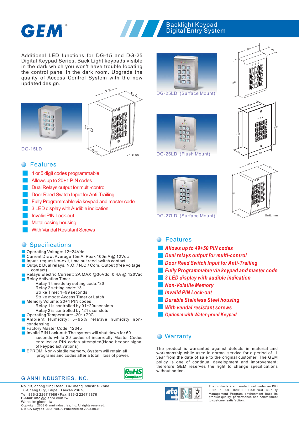 Gianni Industries DG-15LD User Manual | 1 page