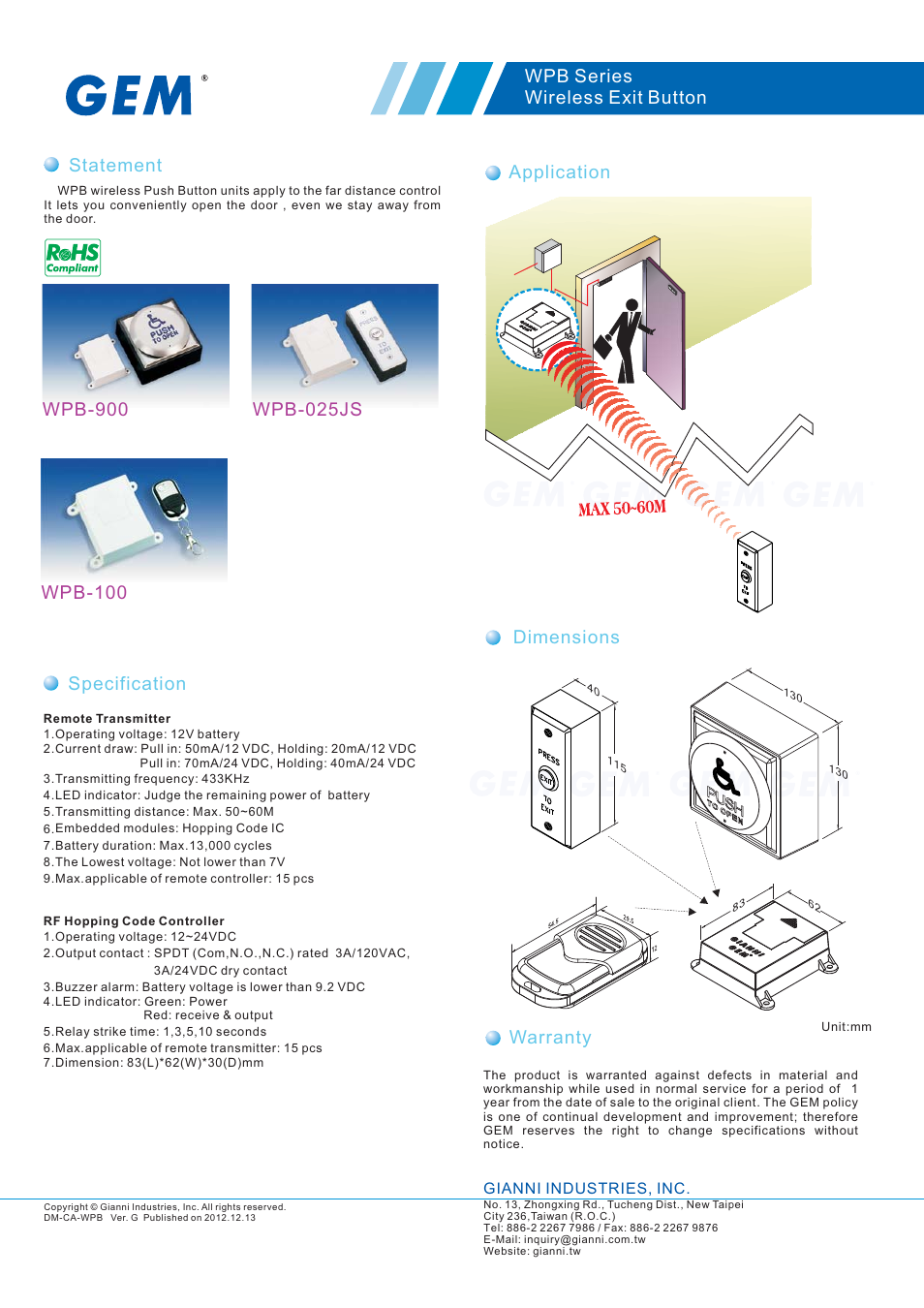 Gianni Industries WPB Series User Manual | 1 page