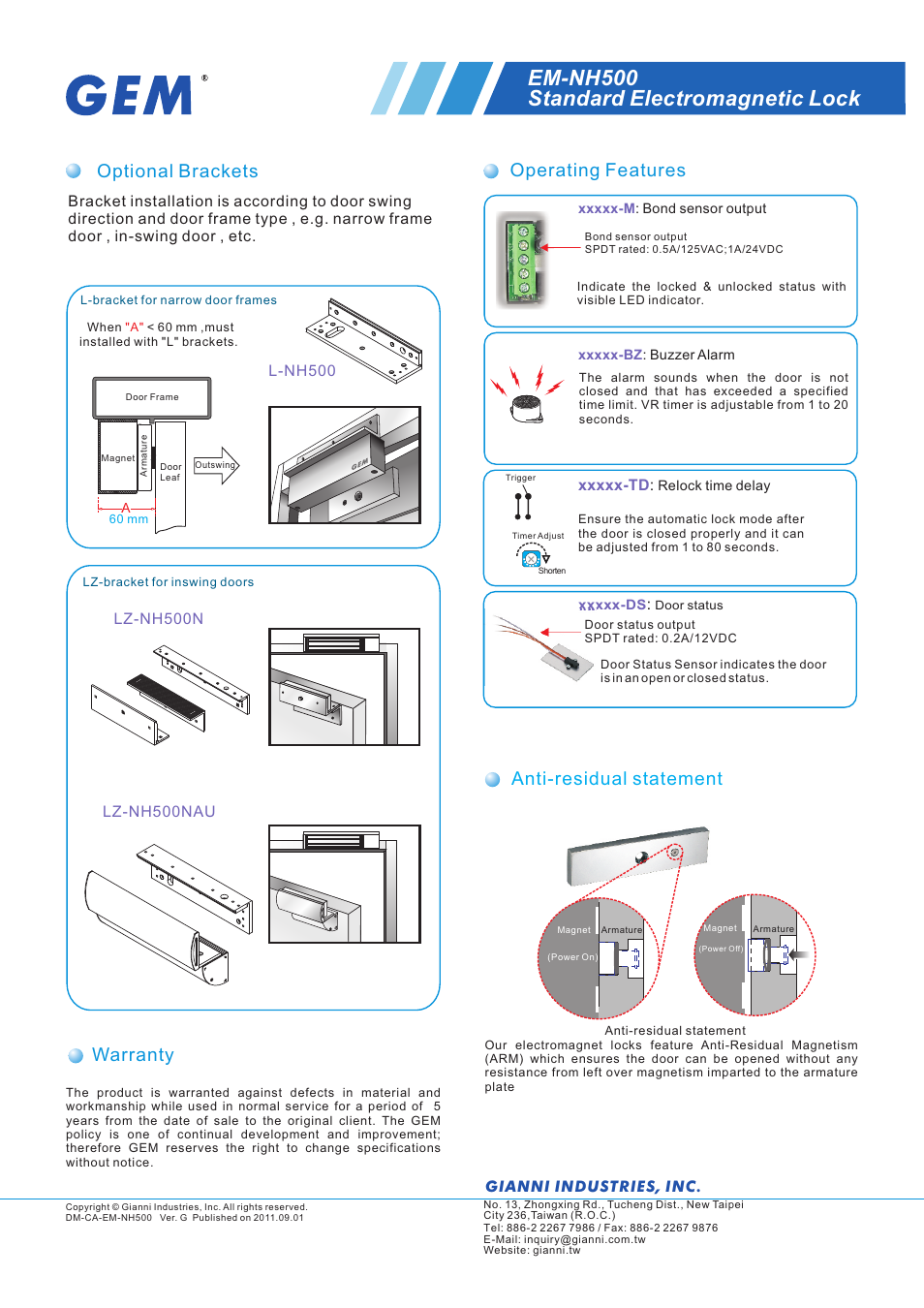 頁面 2, Em-nh500 standard electromagnetic lock, Operating features | Warranty optional brackets, Anti-residual statement | Gianni Industries EM-NH500 User Manual | Page 2 / 2
