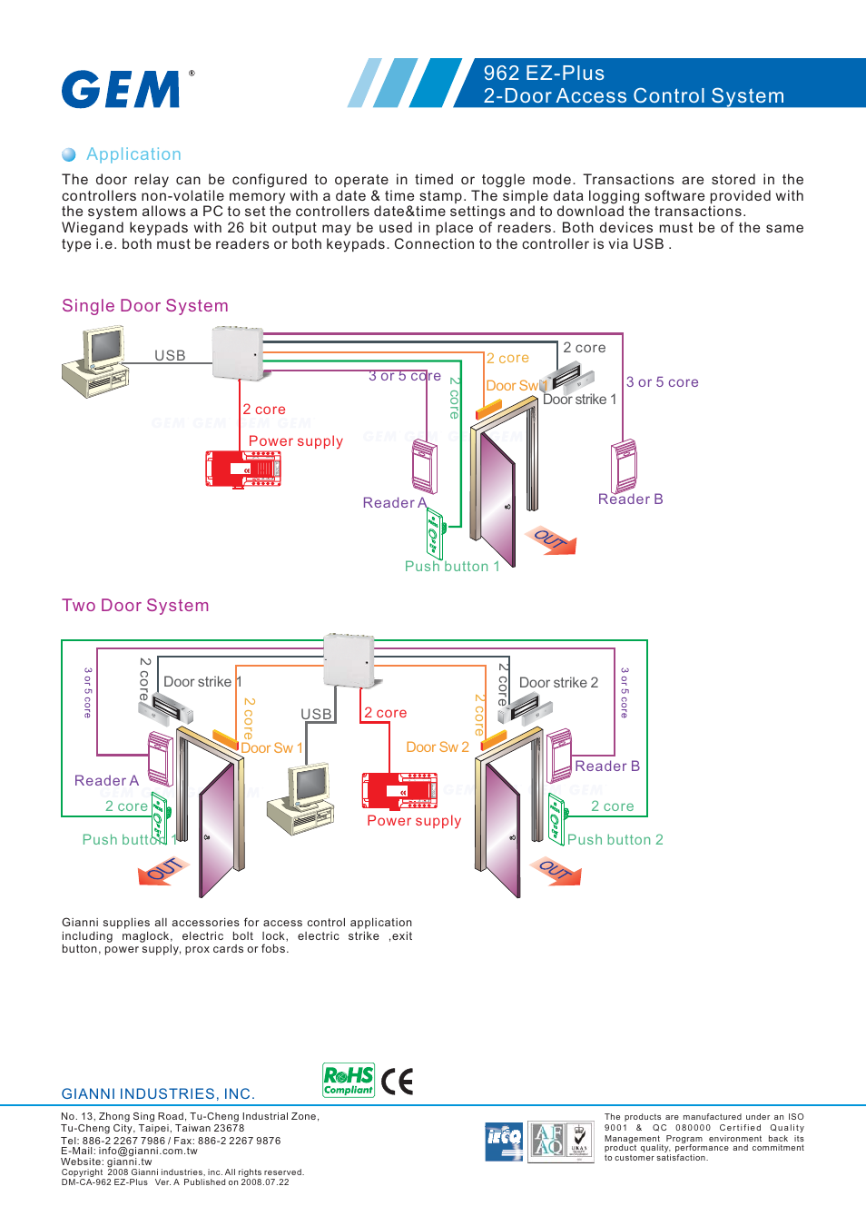 962 ez-plus 2-door access control system, Application, Two door system | Single door system | Gianni Industries 962 EZ-Plus User Manual | Page 2 / 3