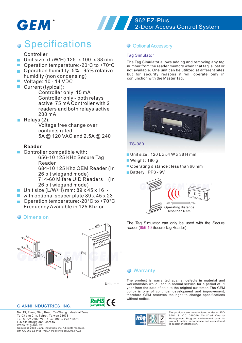 Specifications, 962 ez-plus 2-door access control system | Gianni Industries 962 EZ-Plus User Manual | Page 3 / 3