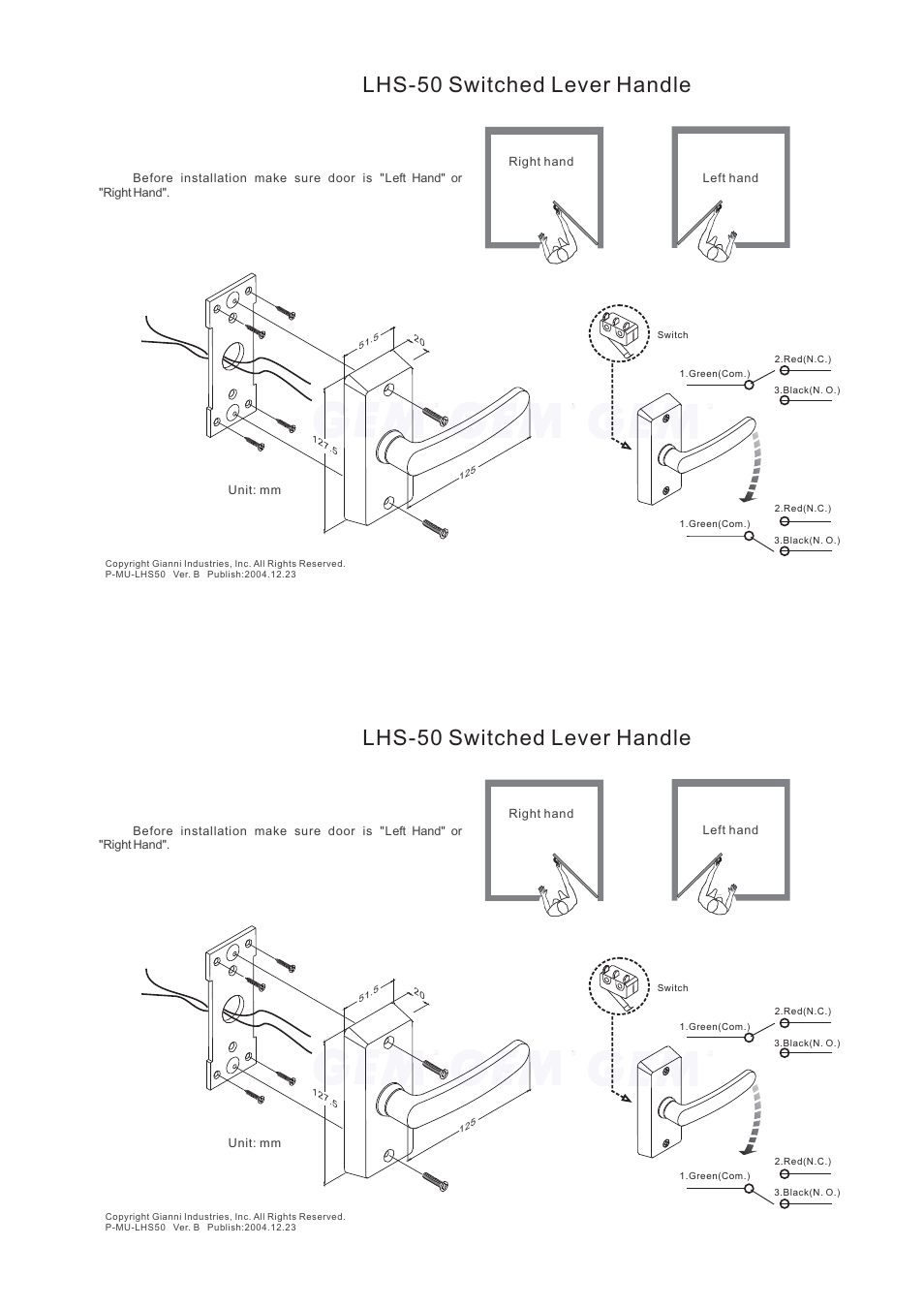 Gianni Industries LHS-50 User Manual | 1 page