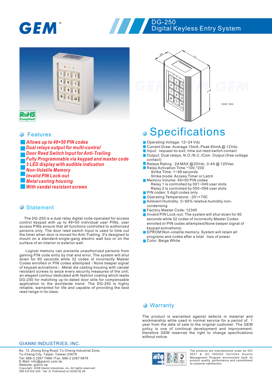 Gianni Industries DG-250 User Manual | 1 page