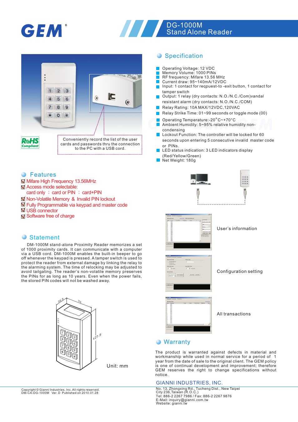 Gianni Industries DG-1000M User Manual | 1 page