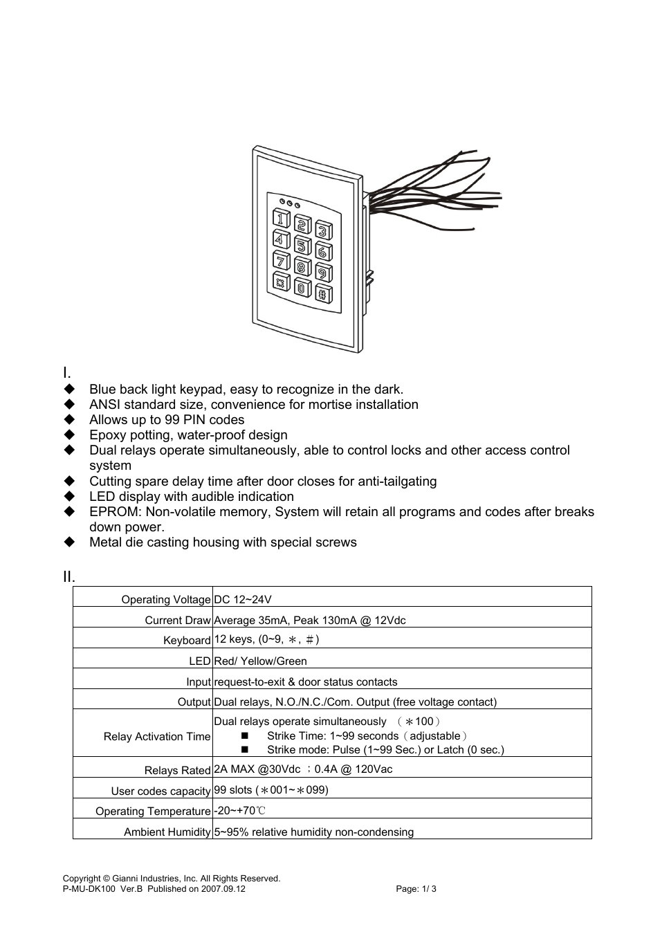 Gianni Industries DK100 User Manual | 3 pages