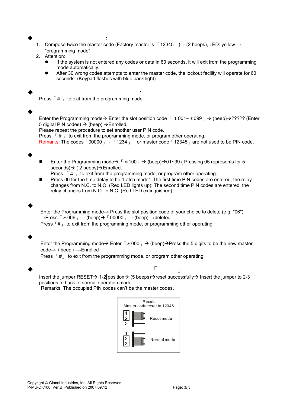 Enter program mode, Exiting from the program mode, Add pin codes | Changing the master codes | Gianni Industries DK100 User Manual | Page 3 / 3