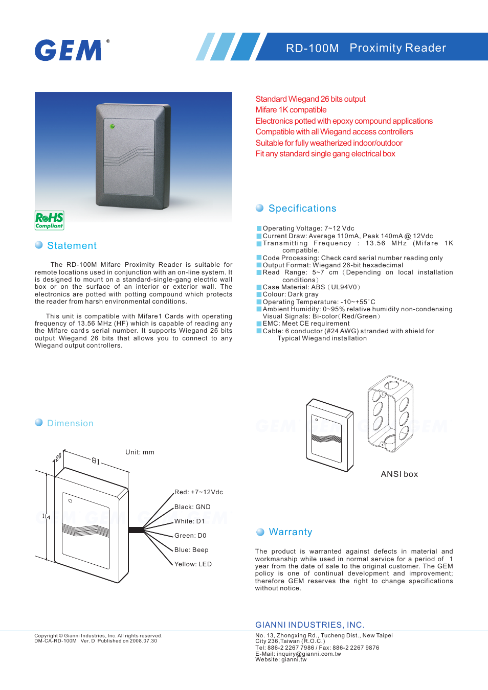 Gianni Industries RD-100M User Manual | 1 page