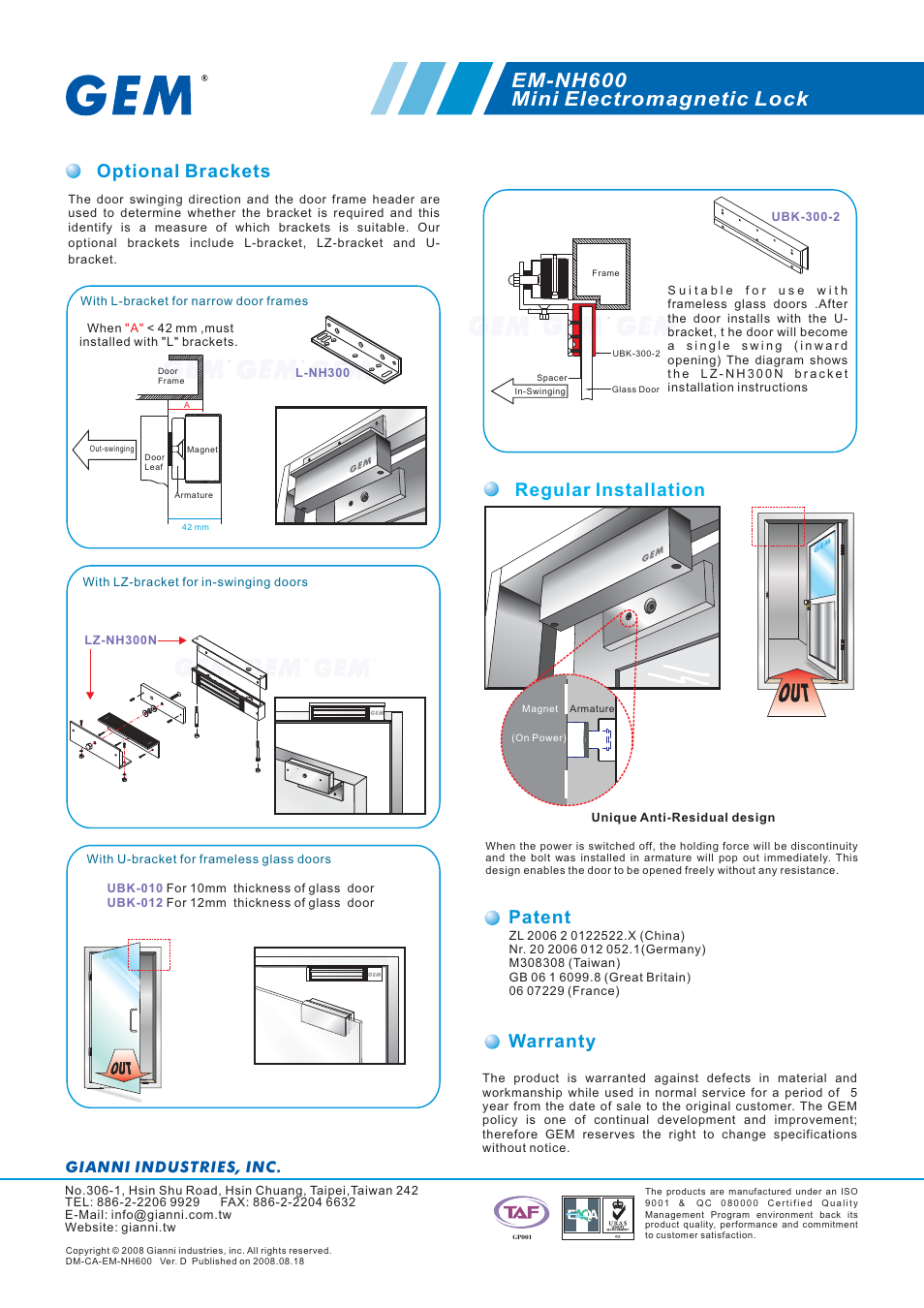 Em-nh600 mini electromagnetic lock, Optional brackets, Warranty | Regular installation, Patent, Gianni industries, inc | Gianni Industries EM-NH600 User Manual | Page 2 / 2