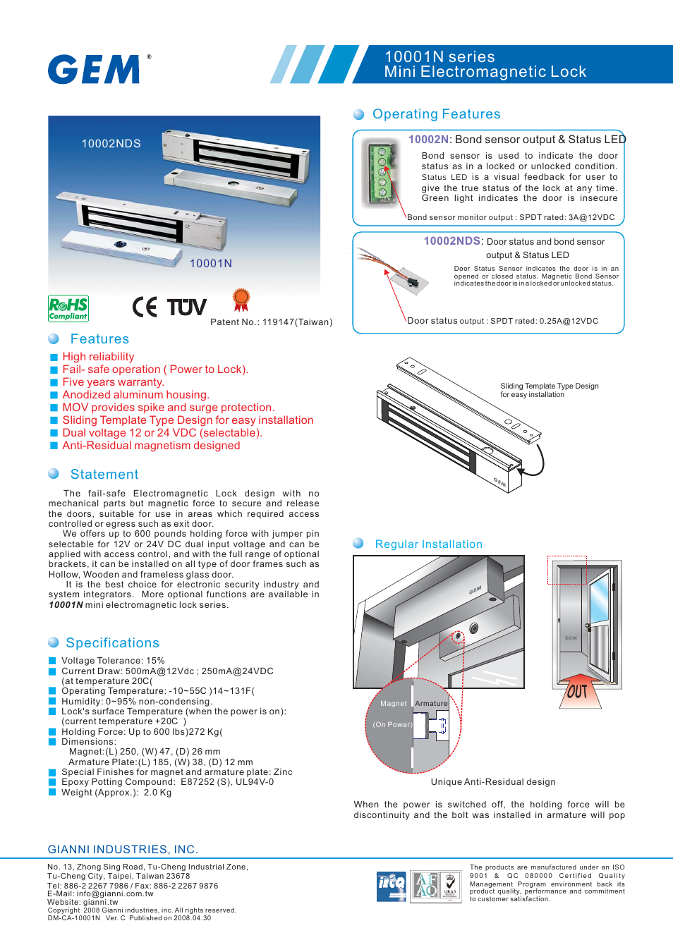 Gianni Industries 10001N series User Manual | 2 pages
