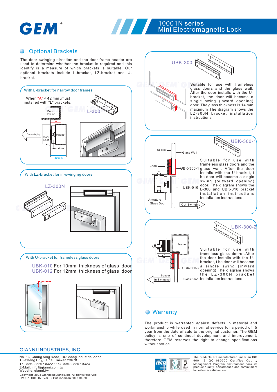 Optional brackets, Warranty, Gianni industries, inc | Ubk-300-2, Lz-300n | Gianni Industries 10001N series User Manual | Page 2 / 2