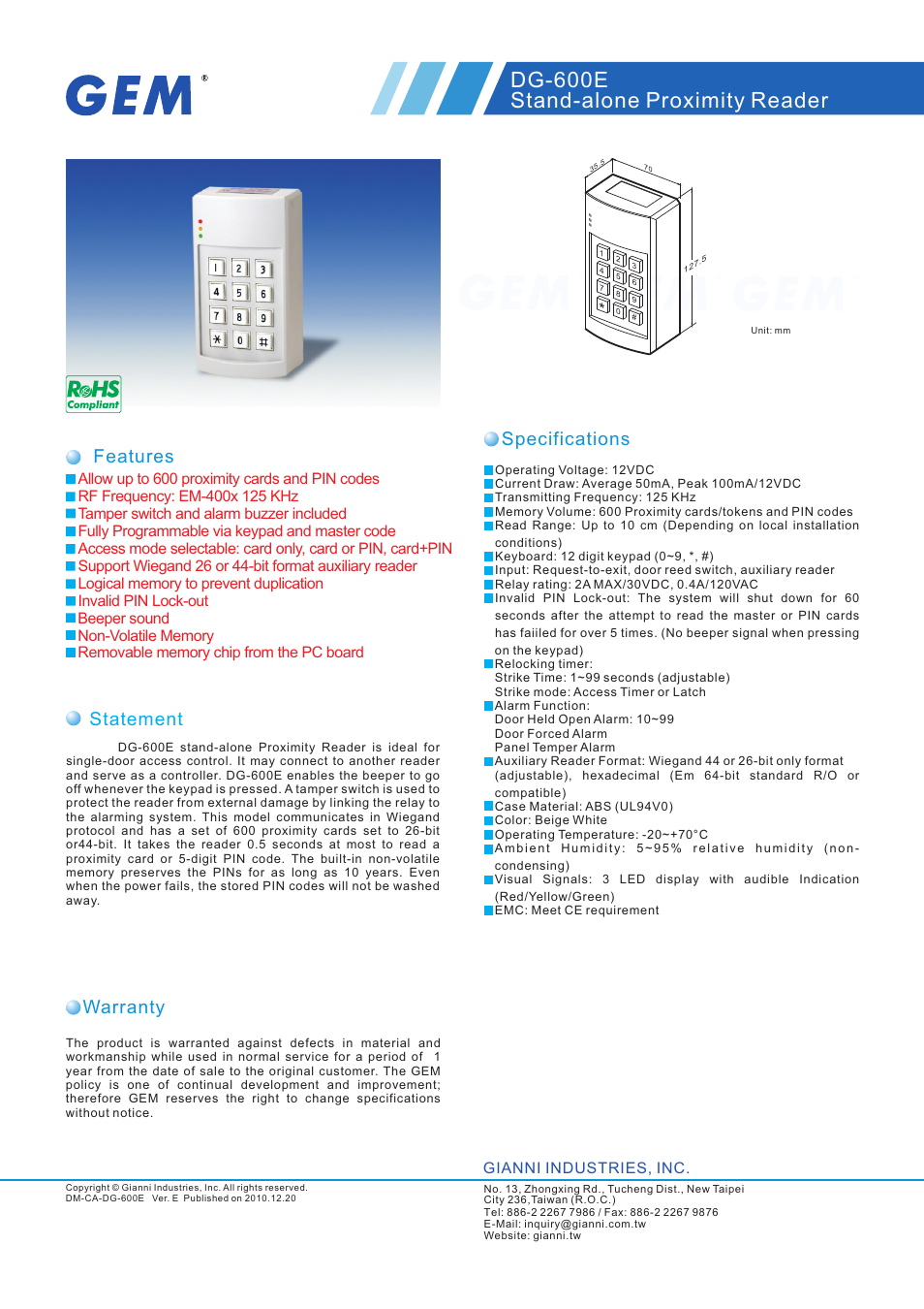 Gianni Industries GEM EM-400x User Manual | 2 pages