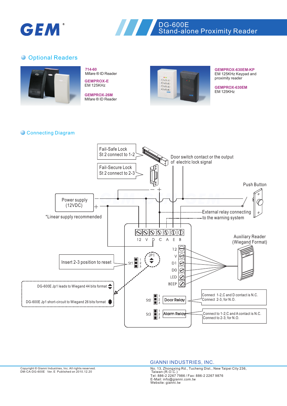 頁面 2, Dg-600e stand-alone proximity reader, Optional readers | Gianni Industries GEM EM-400x User Manual | Page 2 / 2