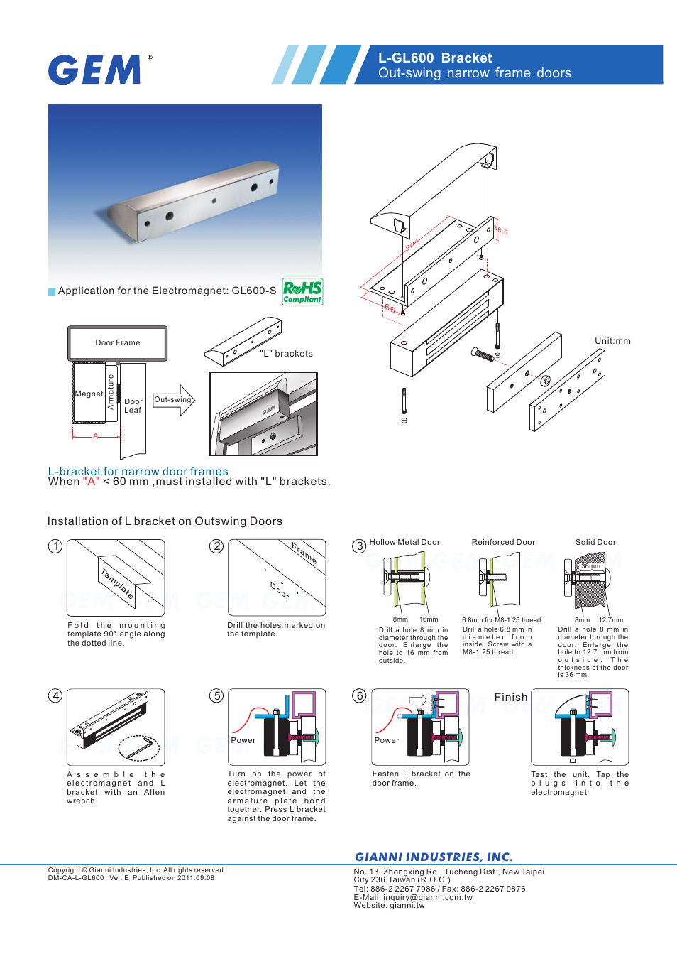 Gianni Industries L-GL600 User Manual | 1 page