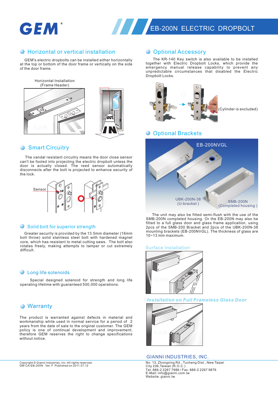 頁面 2, Eb-200n electric dropbolt, Horizontal or vertical installation | Warranty, Optional accessory optional brackets, Smart circuitry | Gianni Industries EB-200N User Manual | Page 2 / 2