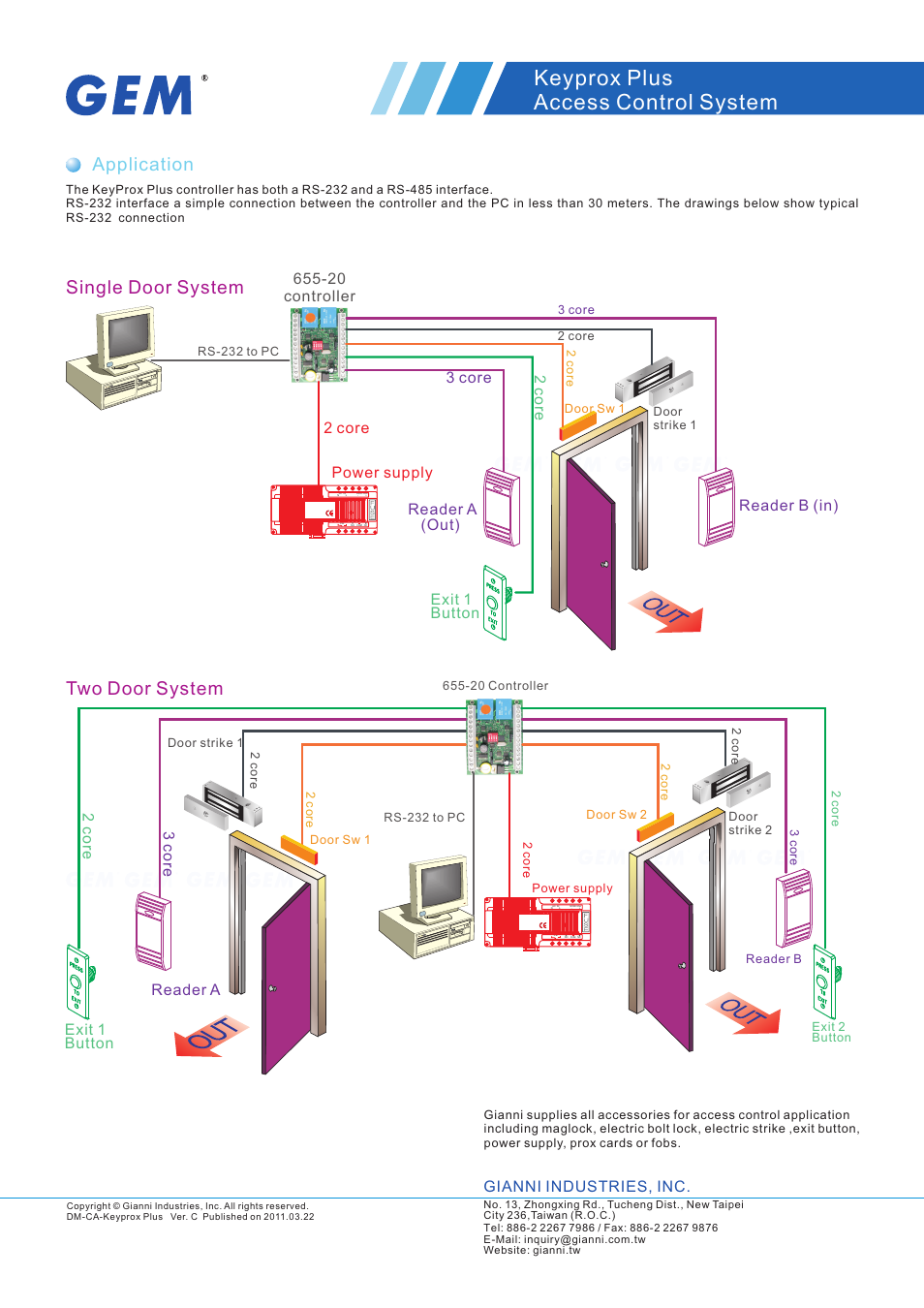 頁面 2, Keyprox plus access control system, Application | Two door system, Single door system, 3c o re, 2c o re, Exit 1, Reader a, 2c o re 3 core 2 core | Gianni Industries Keyprox Plus User Manual | Page 2 / 3