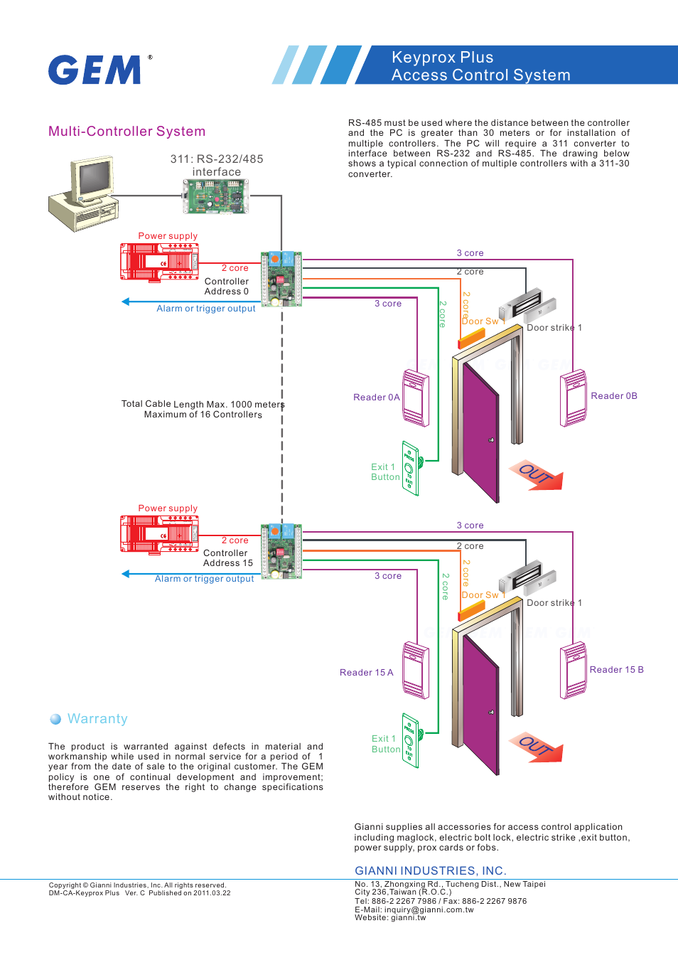 頁面 3, Keyprox plus access control system, Multi-controller system warranty | Gianni industries, inc | Gianni Industries Keyprox Plus User Manual | Page 3 / 3