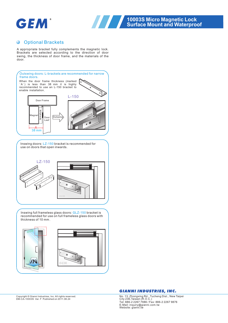 頁面 2, Optional brackets, L-150 | Lz-150 gianni industries , inc | Gianni Industries Micro Surface User Manual | Page 2 / 2