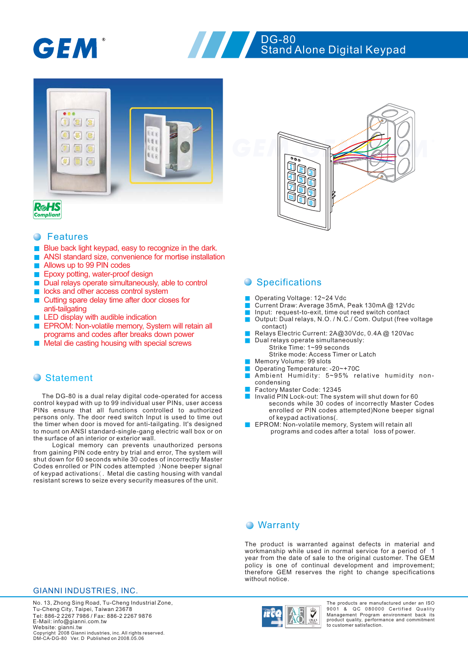 Gianni Industries DG-80 User Manual | 1 page