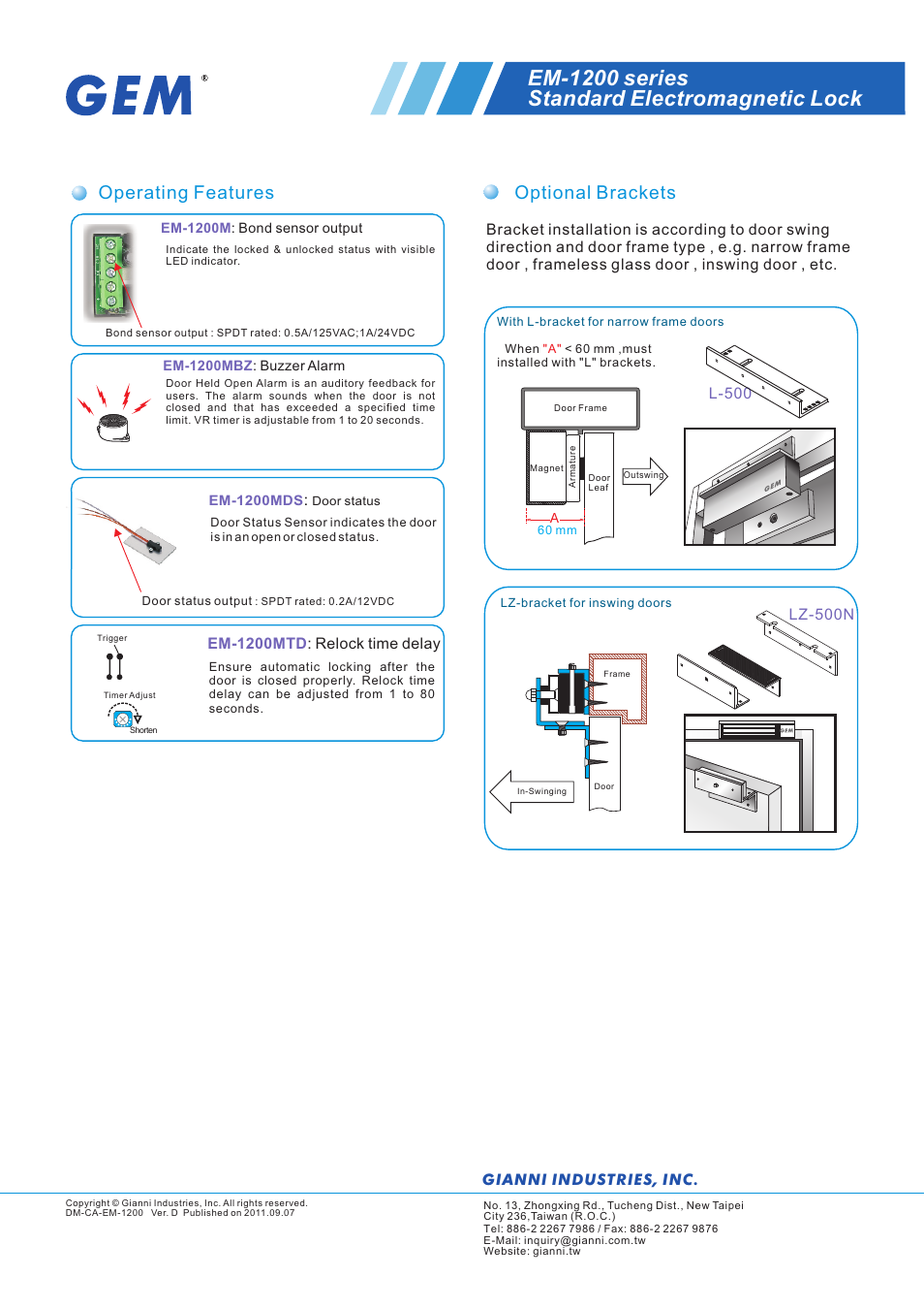 頁面 2, Em-1200 series standard electromagnetic lock, Operating features | Optional brackets, Gianni industries, inc, Em-1200mtd : relock time delay, L-500 | Gianni Industries EM-1200 User Manual | Page 2 / 2