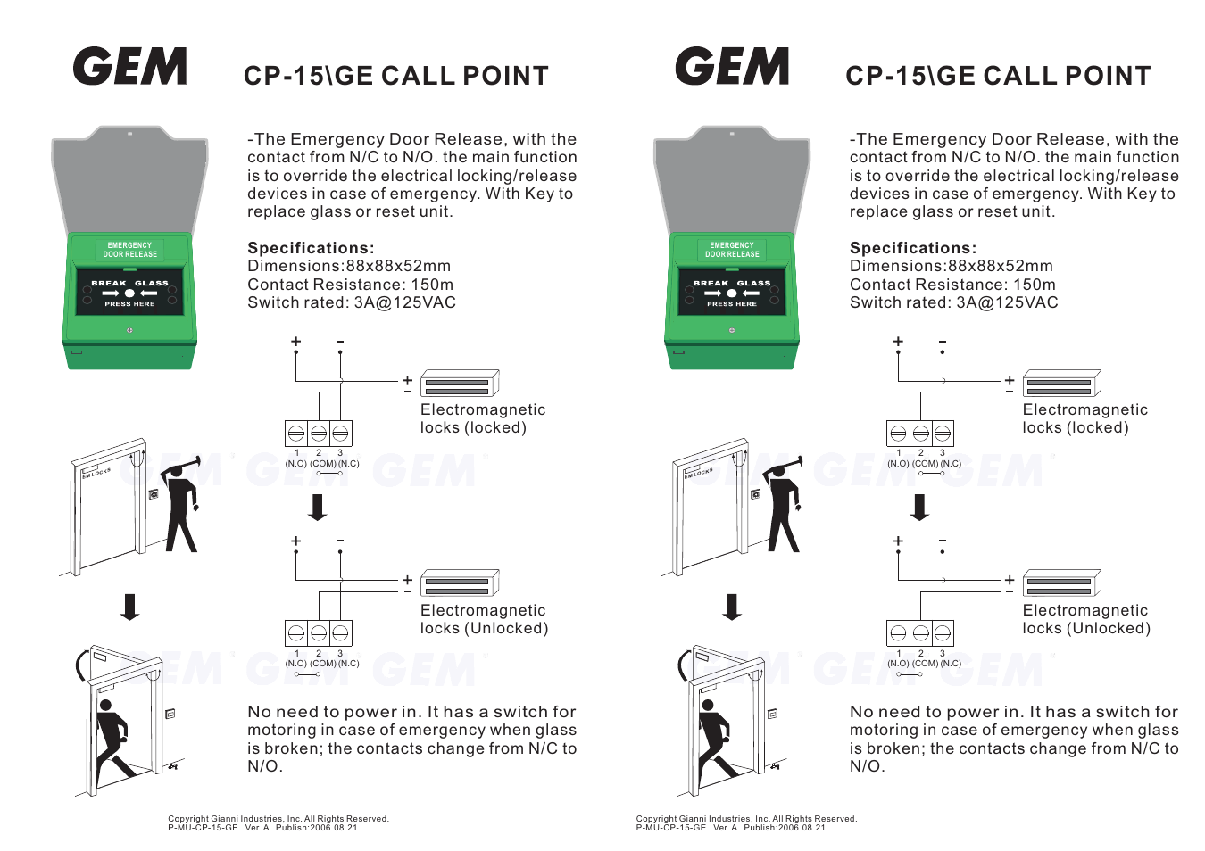 Gianni Industries GEM CP-15GE User Manual | 1 page