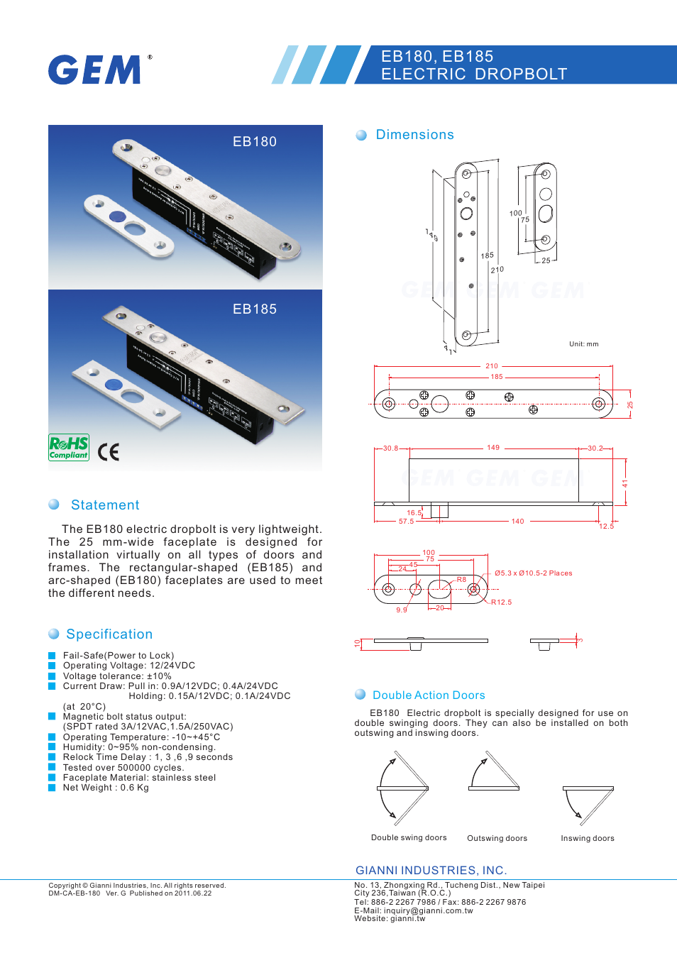 Gianni Industries EB-180 User Manual | 2 pages