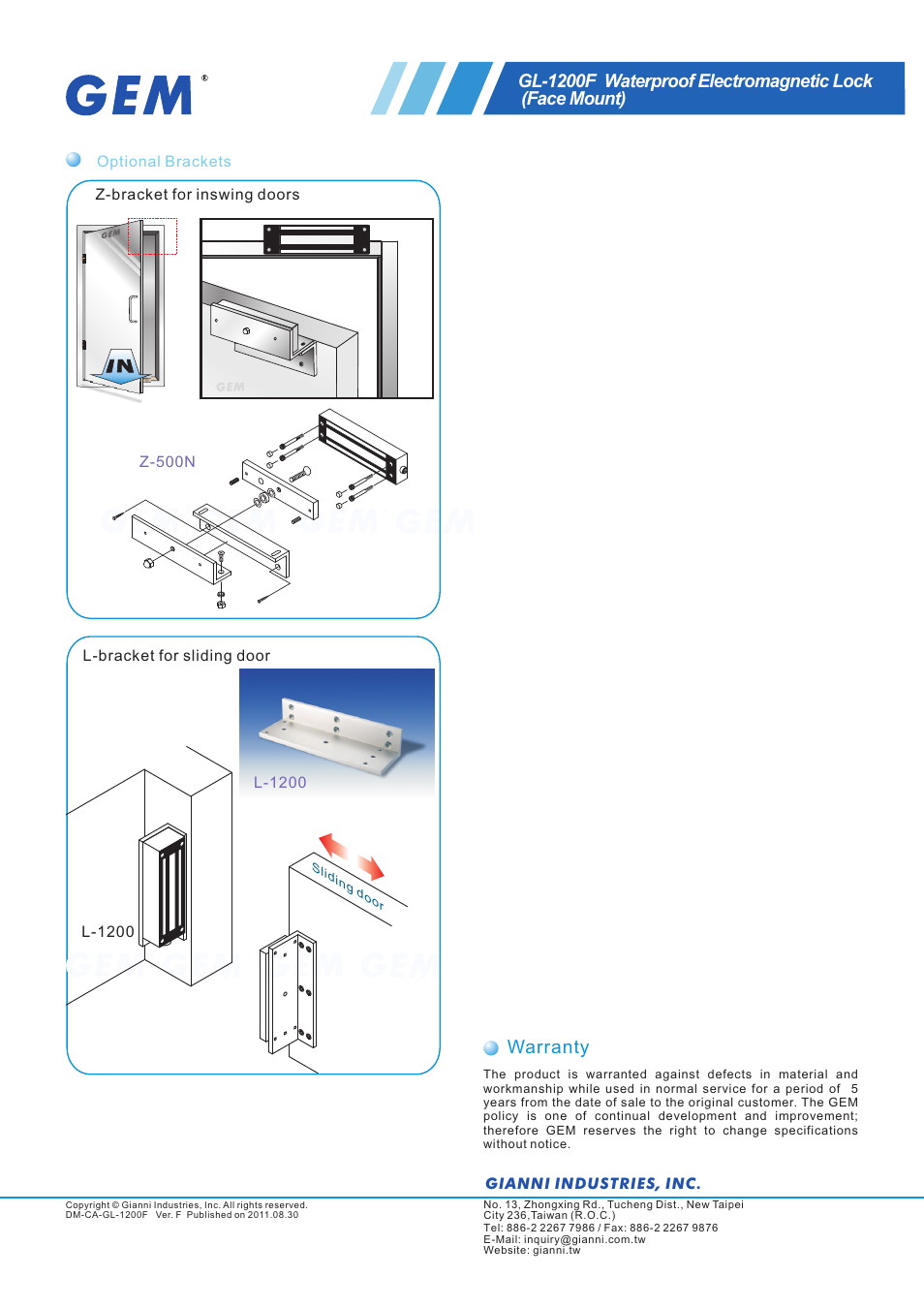 頁面 2, Warranty | Gianni Industries GL-1200F User Manual | Page 2 / 2